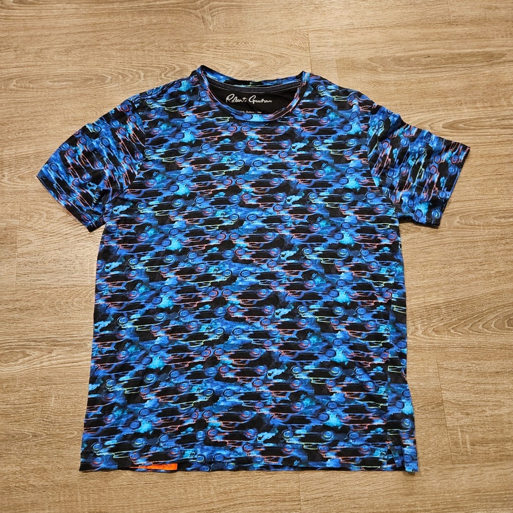 Robert Graham T Shirt Mens Large Blue Black Multicolor All Over Print Cotton